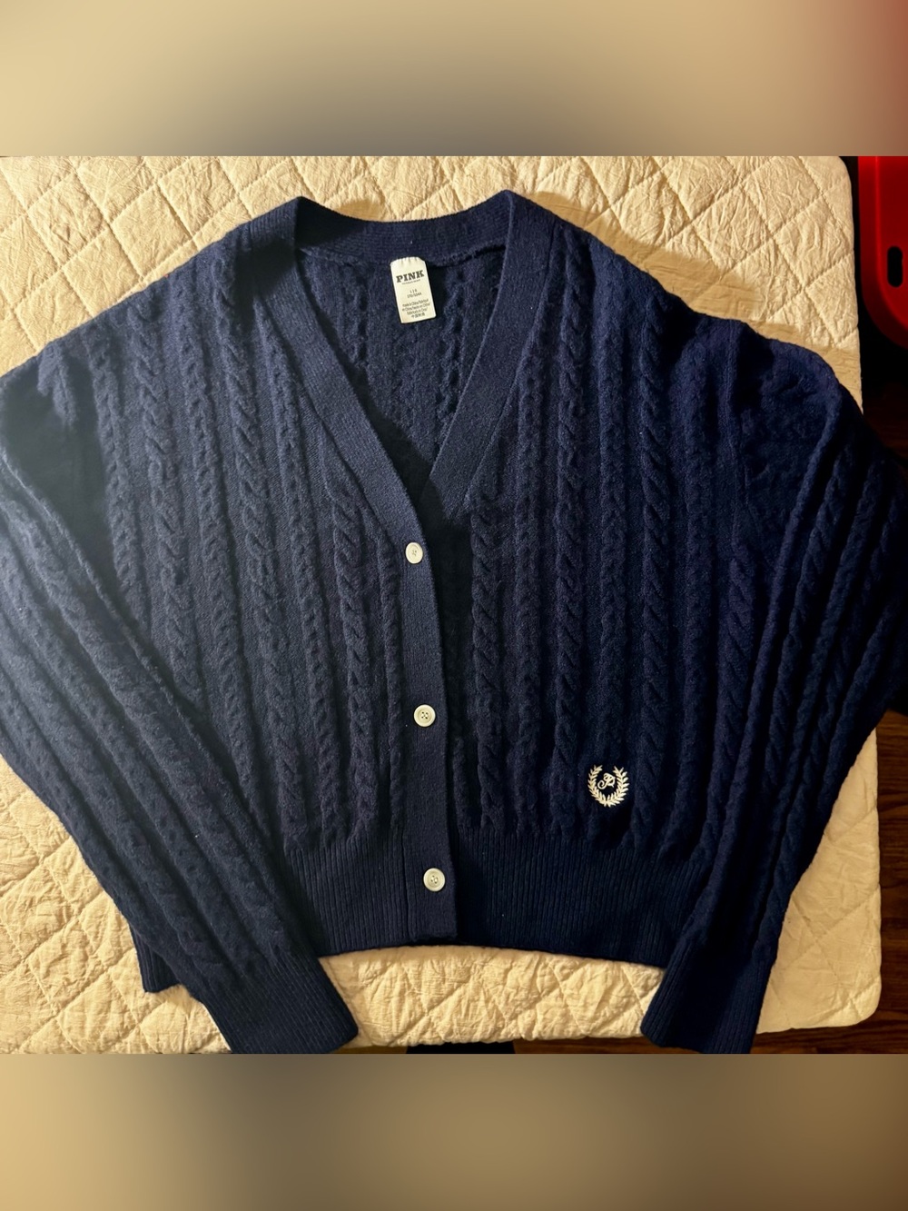 PINK Victoria's Secret Navy Cable-Knit V-Neck Cardigan with Embroidered Crest